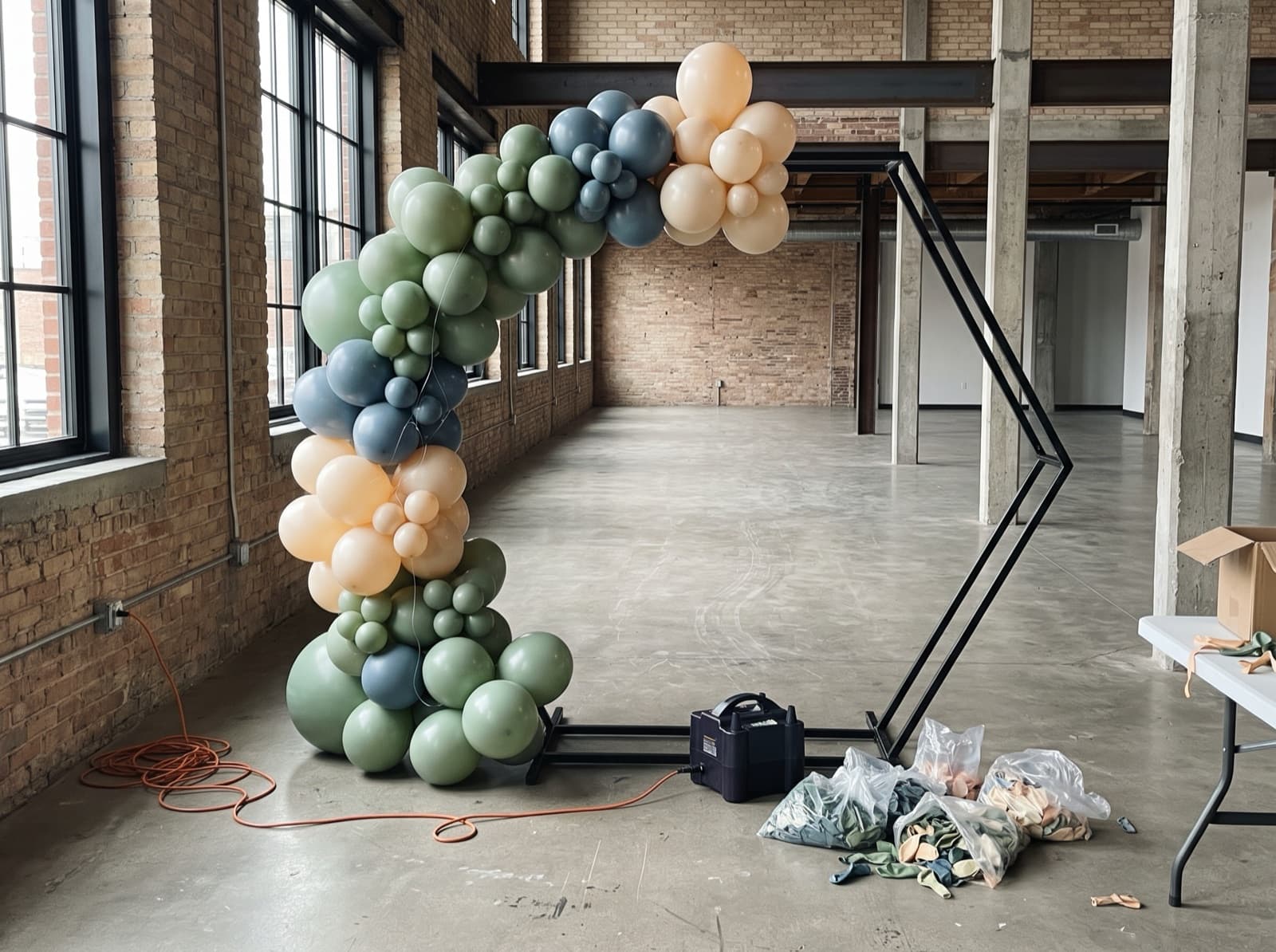 Half-finished organic balloon garland on a metal arch frame before an event