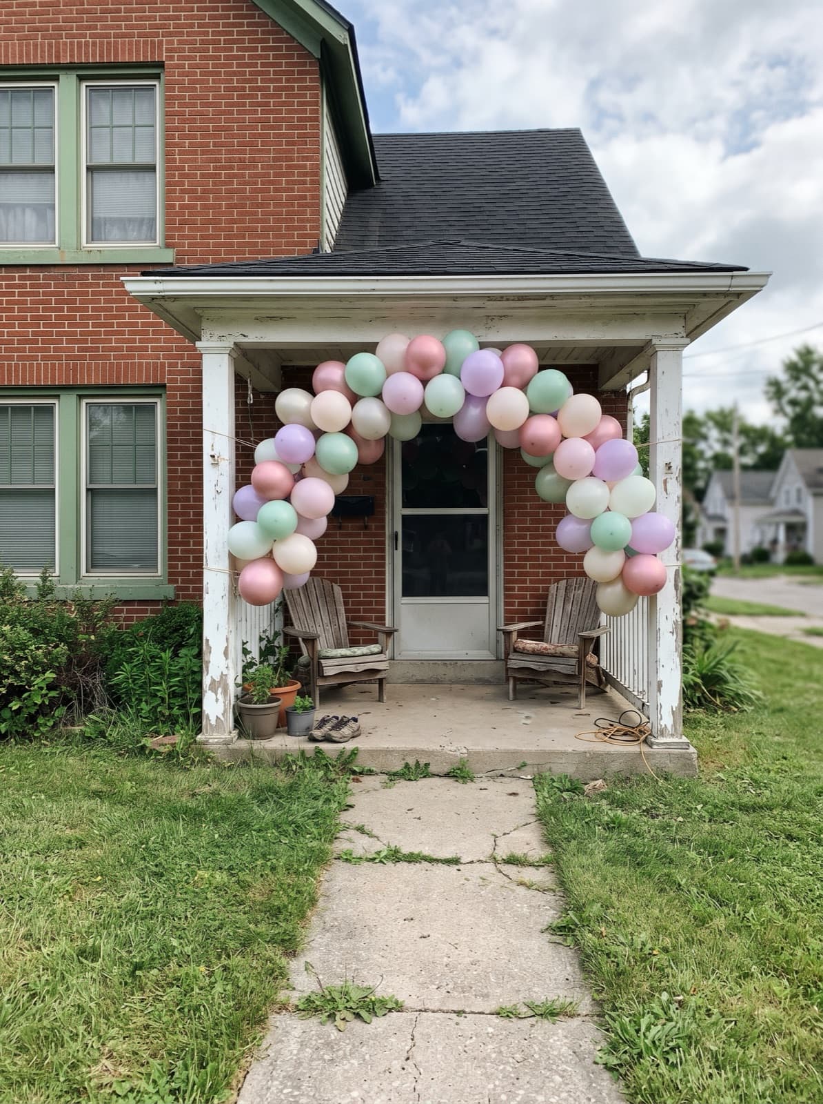 Pastel and white balloon arch over the front door of a brick bungalow