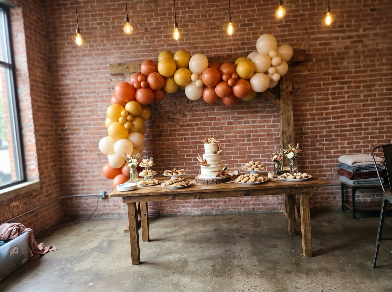 Organic balloon arch in rust, mustard and cream over a dessert table in a brick event room