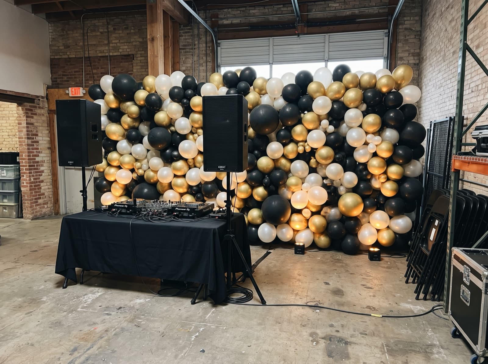 Black, gold and white balloon wall behind a DJ table