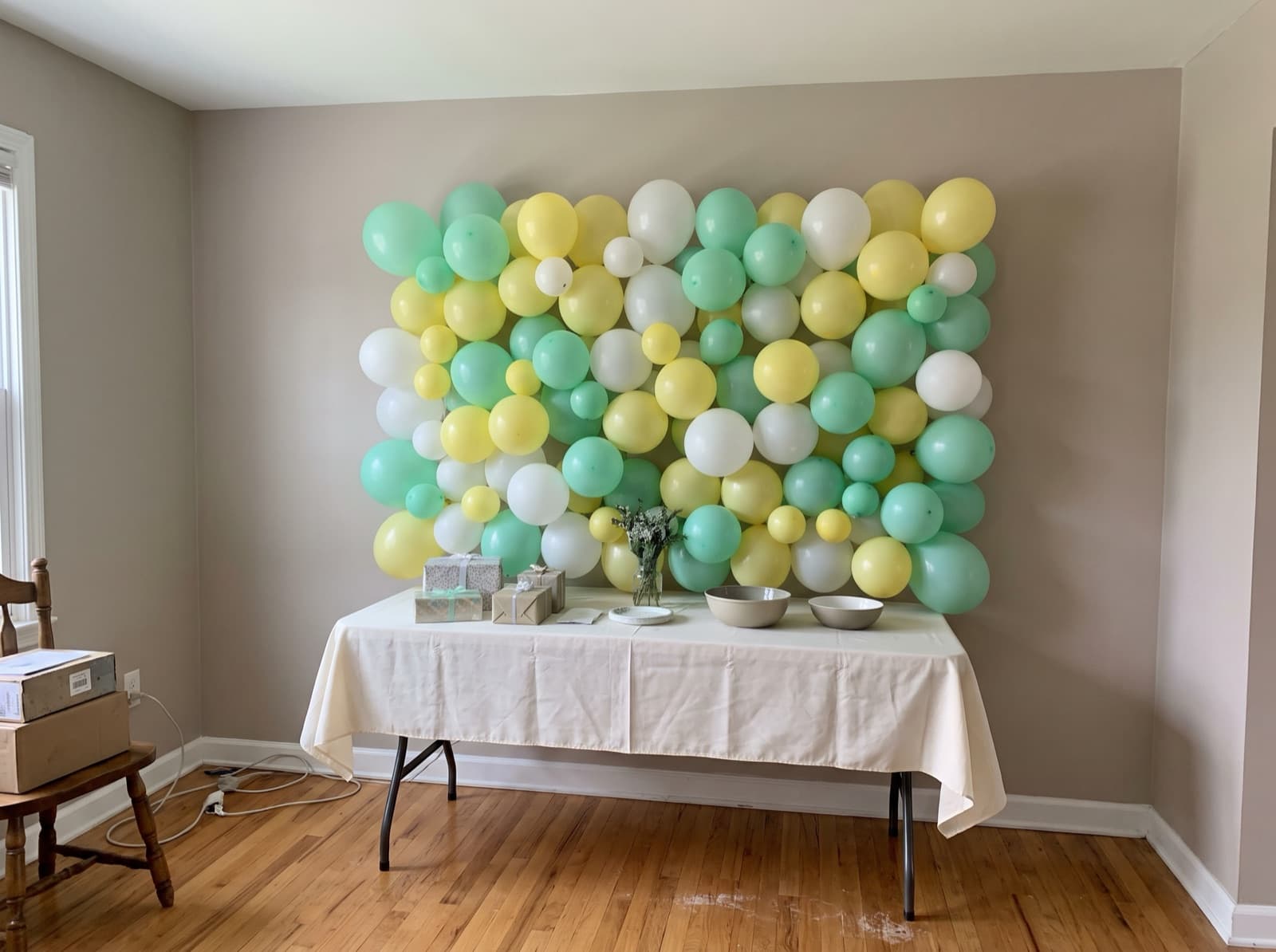 Pastel balloon wall for a baby shower